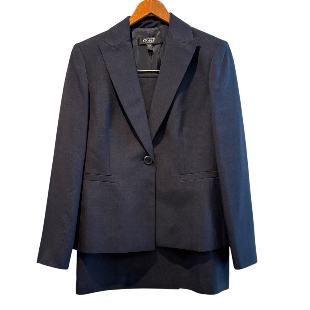 Kasper‎ Skirt Suit Long Sleeve Blazer Midi Skirt Career Navy Petite Size 8/10